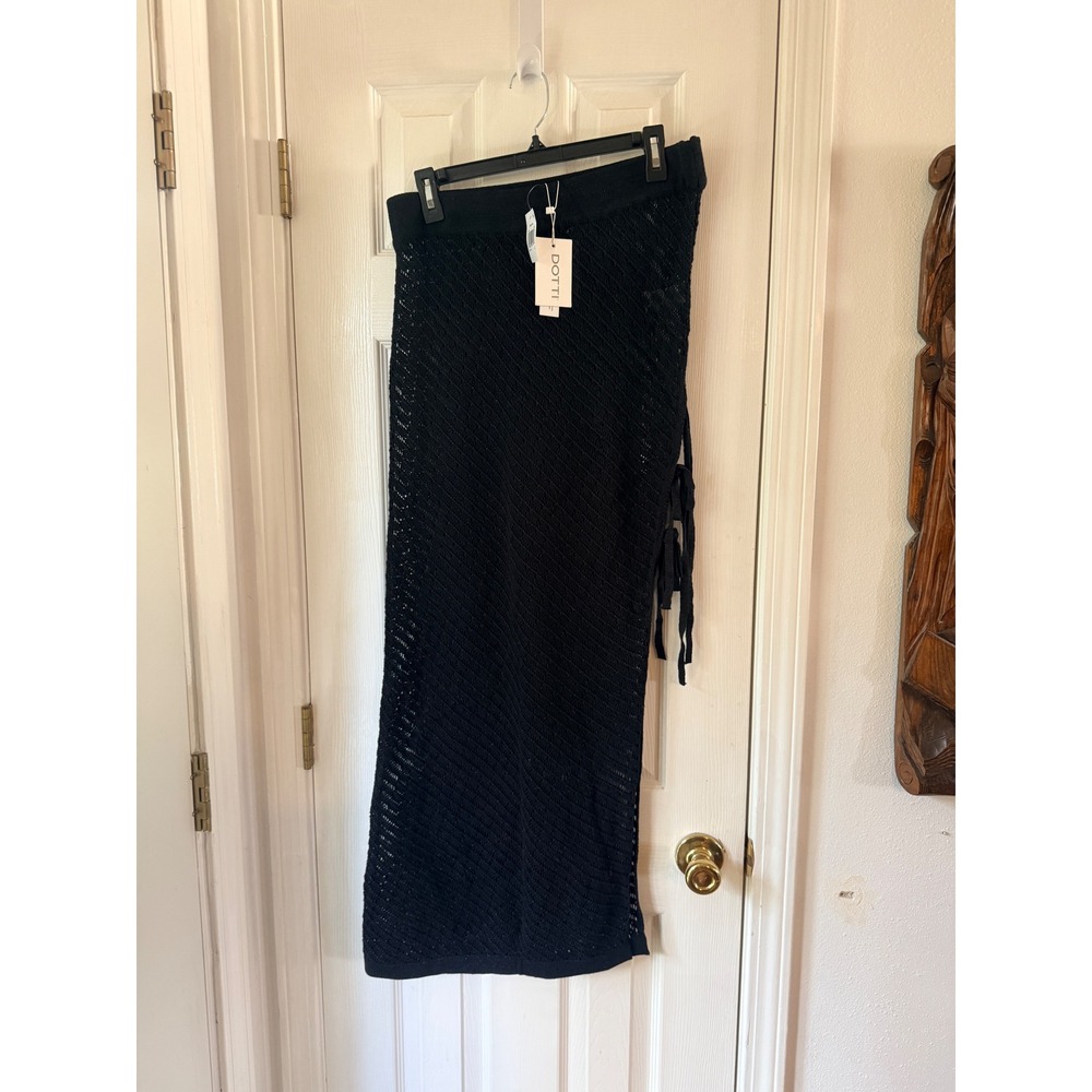 Dotti Black Cotton Crochet Knit Maxi Skirt Swim Cover Up Side Tie Slit Large NWT